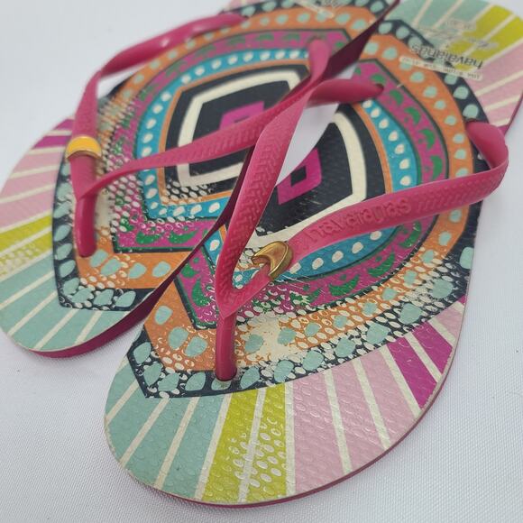 Havianas + Mara Hoffman Flip Flops 9/10 Womens Sandals Pink Rainbow Colorful - Picture 2 of 9
